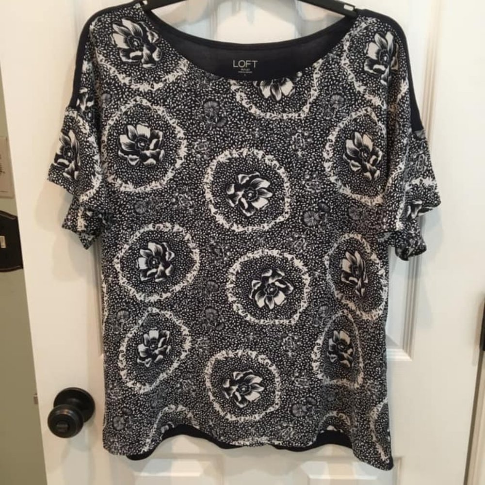 White and Navy Floral Print Blouse